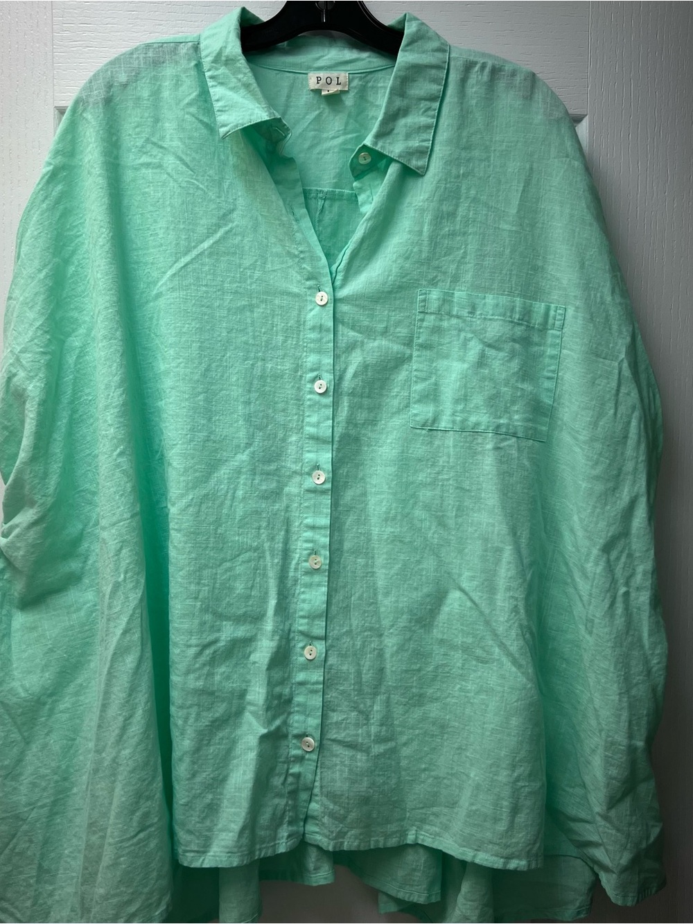 POL Women's Mint Green Cotton Button Down Oversized Shirt Sz L